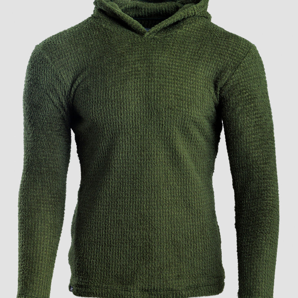 An olive green Alpha 120 hoodie, displayed on a neutral light gray background.