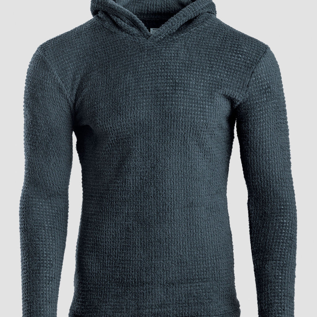 A dark slate blue Alpha 120 hoodie against a light gray background.