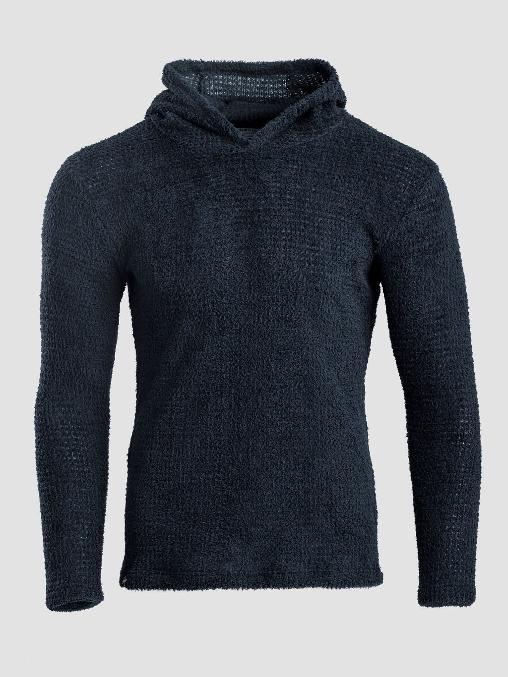 A dark navy blue Alpha 120 hoodie with a waffle or open-knit pattern, shown against a plain light gray background.