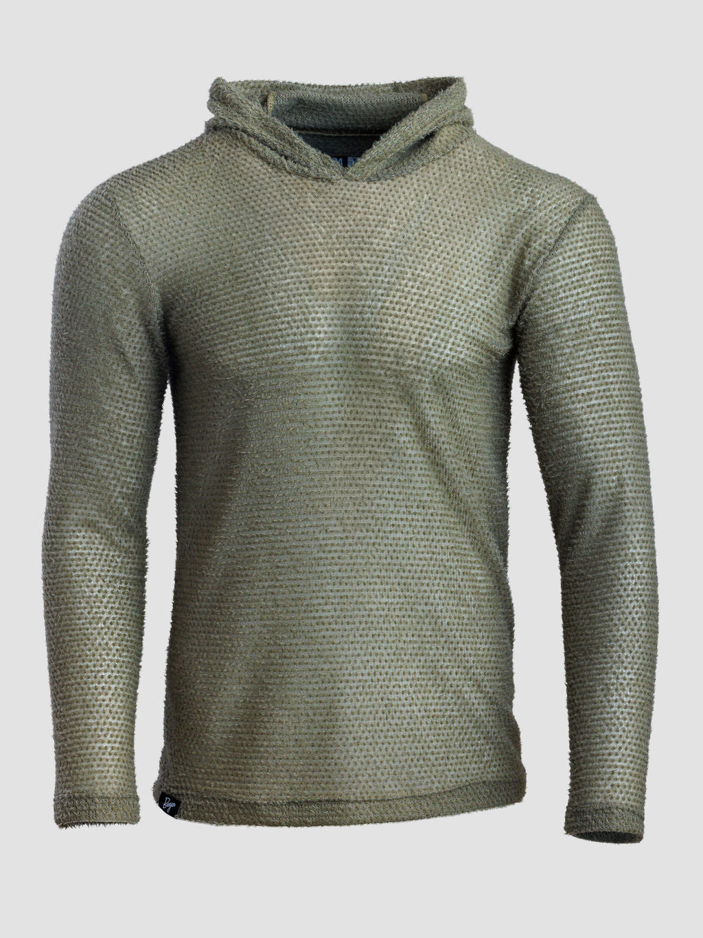 An olive green Alpha 60 hoodie, shown on a neutral light gray background.