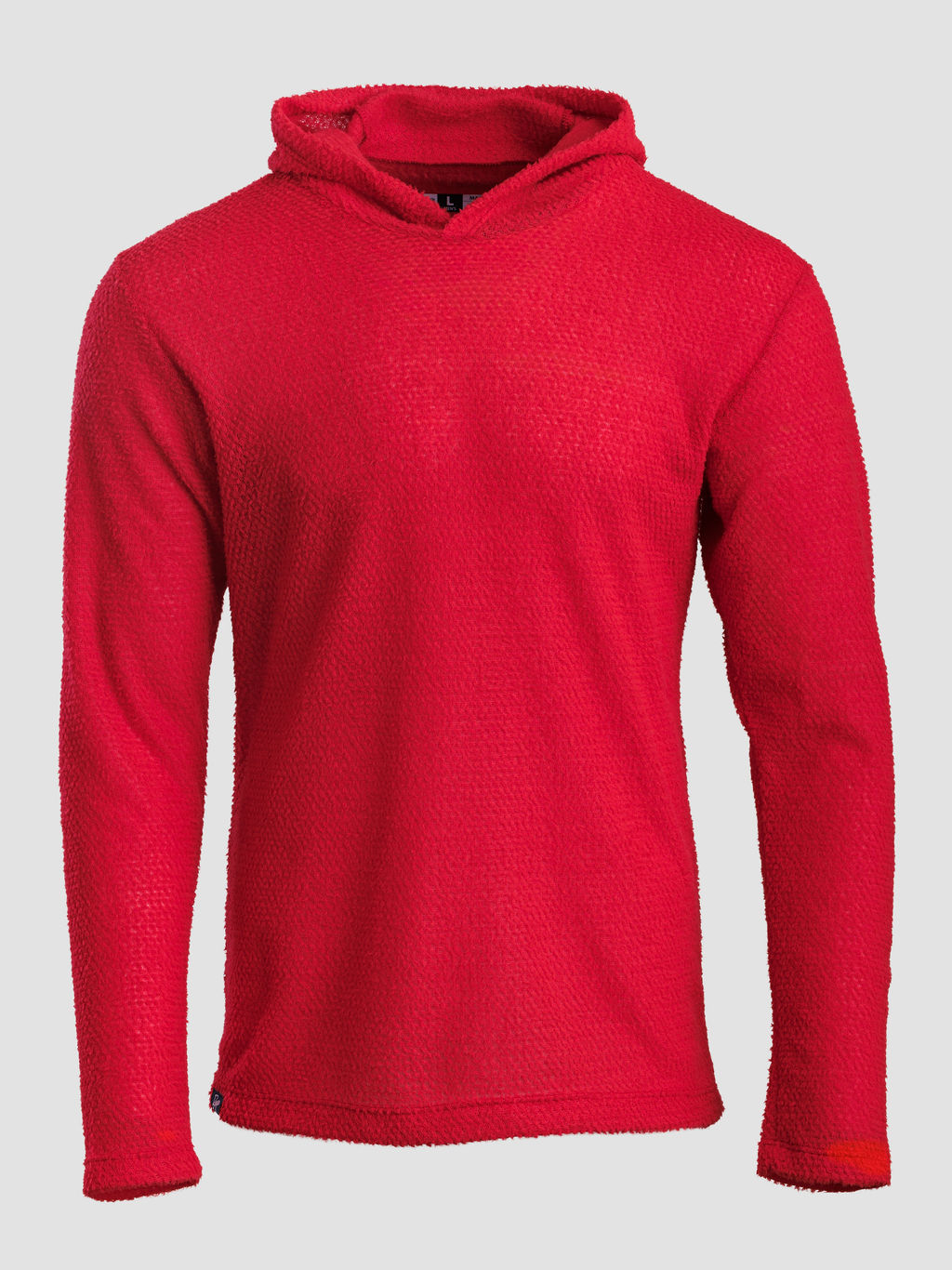 A bright orange Alpha 60 hoodie shown on a neutral light gray background.
