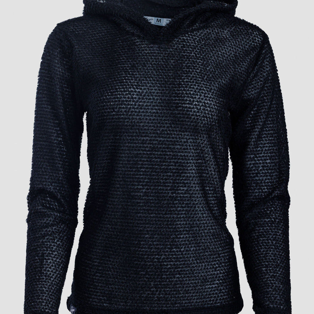 A black Alpha fleece hoodie with long sleeves, shown against a plain light gray background.