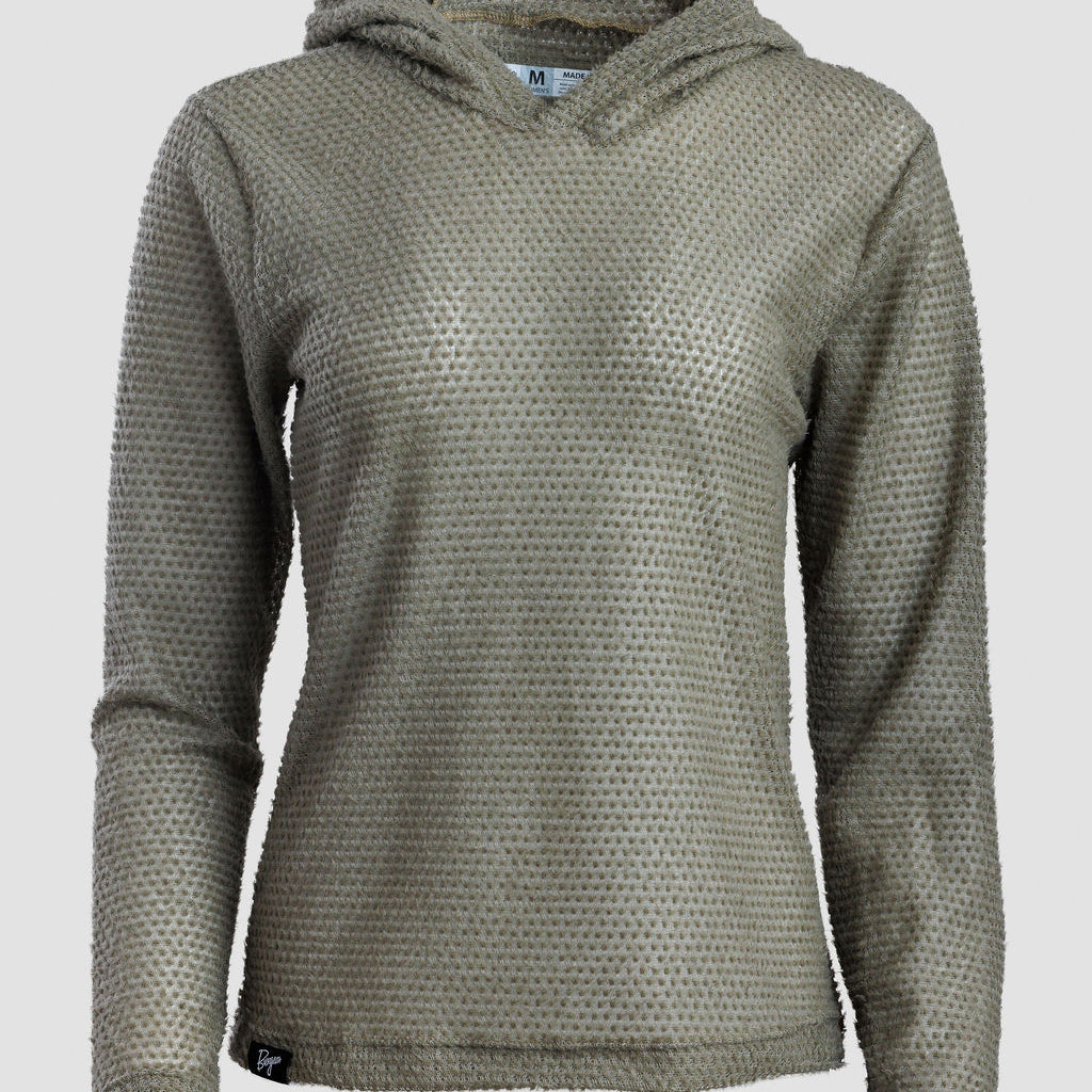 A women's long-sleeve hooded top in a textured, Alpha fleece fabric, shown in a muted olive green color on a light gray background.