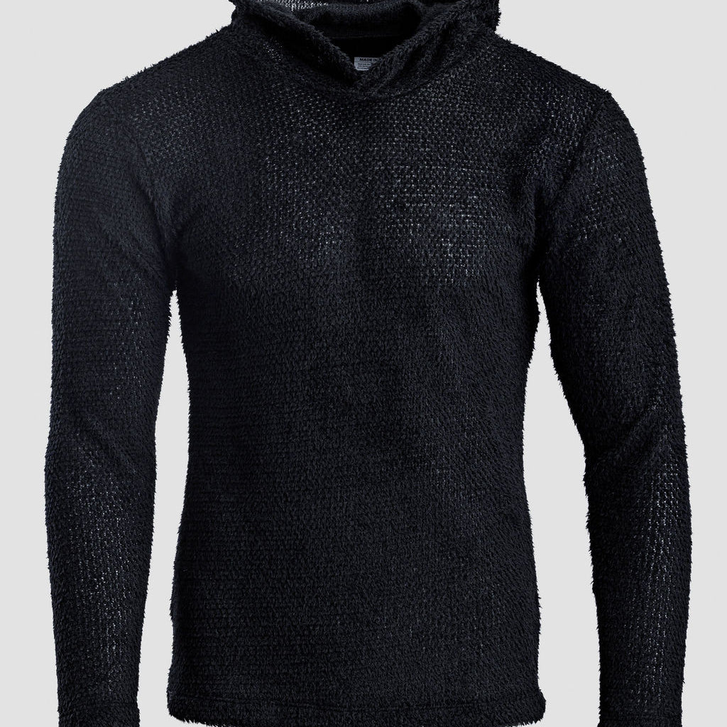 A black textured Alpha 90 hoodie, shown on a light gray background.