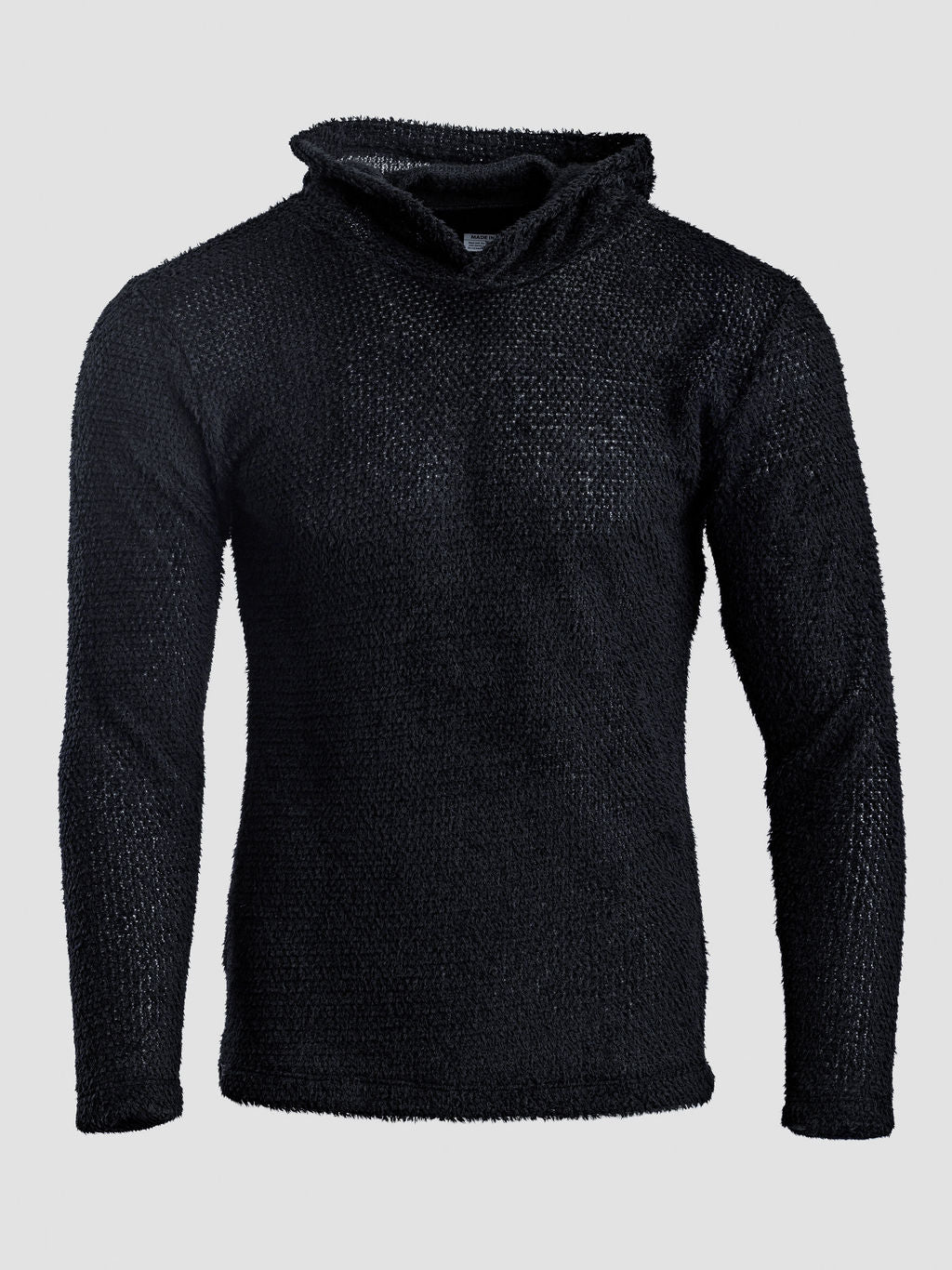 A black textured Alpha 90 hoodie, shown on a light gray background.