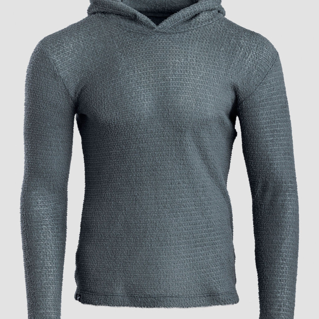 A textured,Alpha 90 hoodie in a dark slate gray color, displayed on a neutral light gray background.