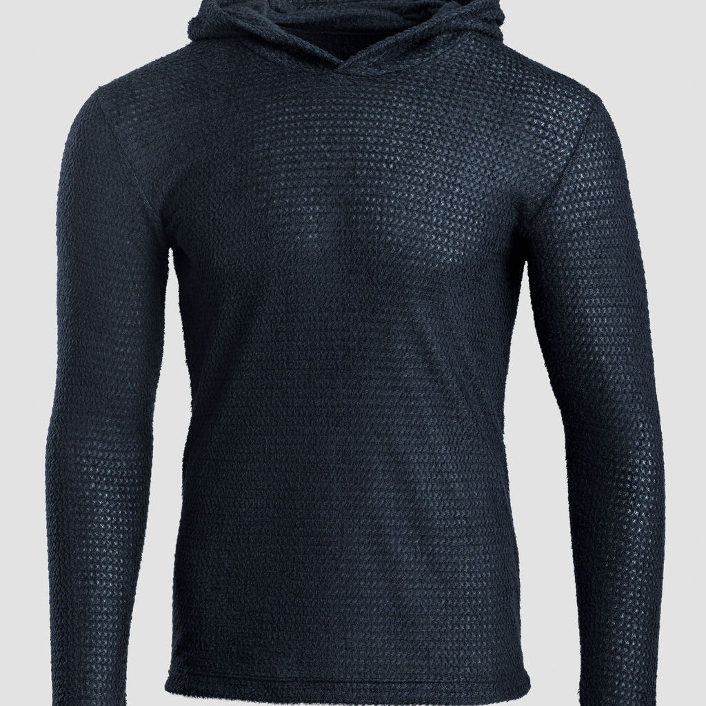 A dark navy blue Alpha 90 hoodie with a waffle or honeycomb pattern, displayed on a neutral light gray background.