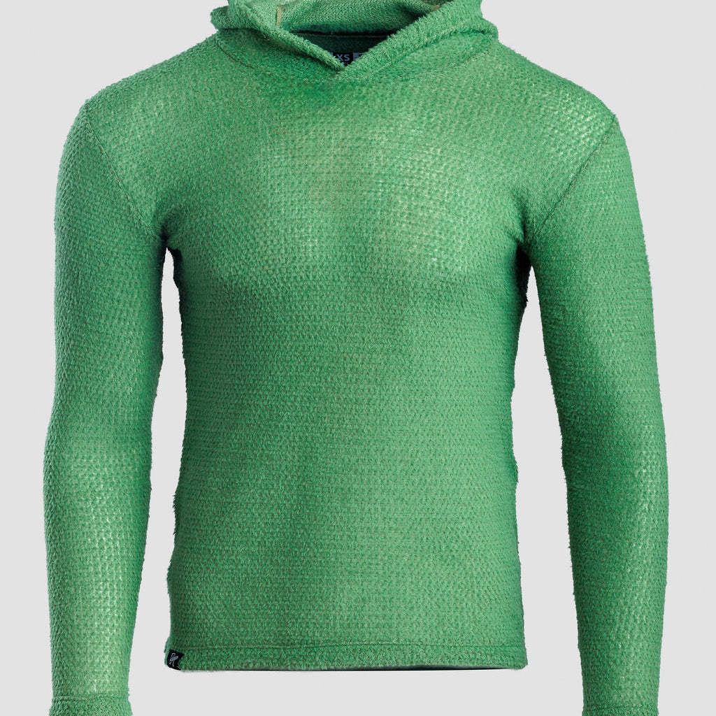 A bright green textured Alpha 90 hoodie displayed on a neutral light gray background.