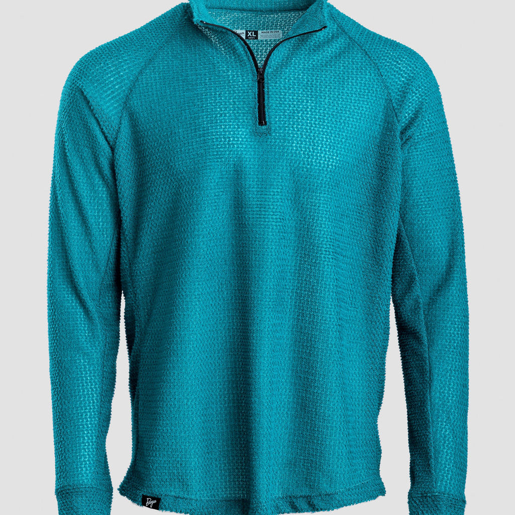 A teal quarter-zip Polartec Alpha Direct Hoodie with a black zipper and a small Burgeon logo on the bottom hem, displayed against a light gray background.
