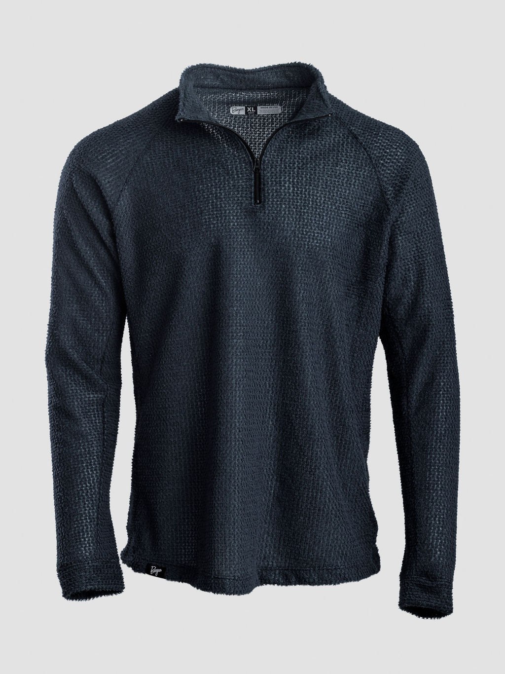 A dark navy blue quarter-zip Polartec Alpha Direct Hoodie on a neutral light gray background.