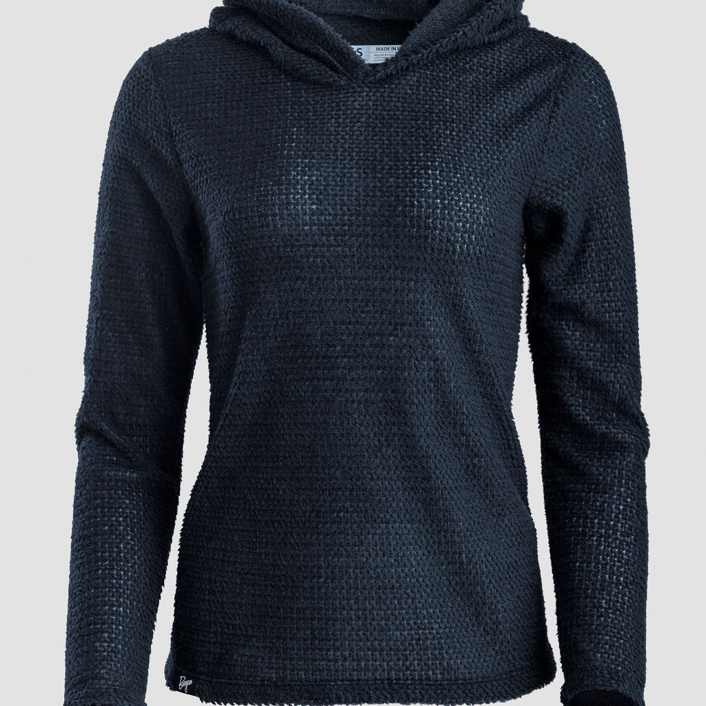 A dark navy blue Alpha 90 hoodie, displayed on a neutral light gray background.