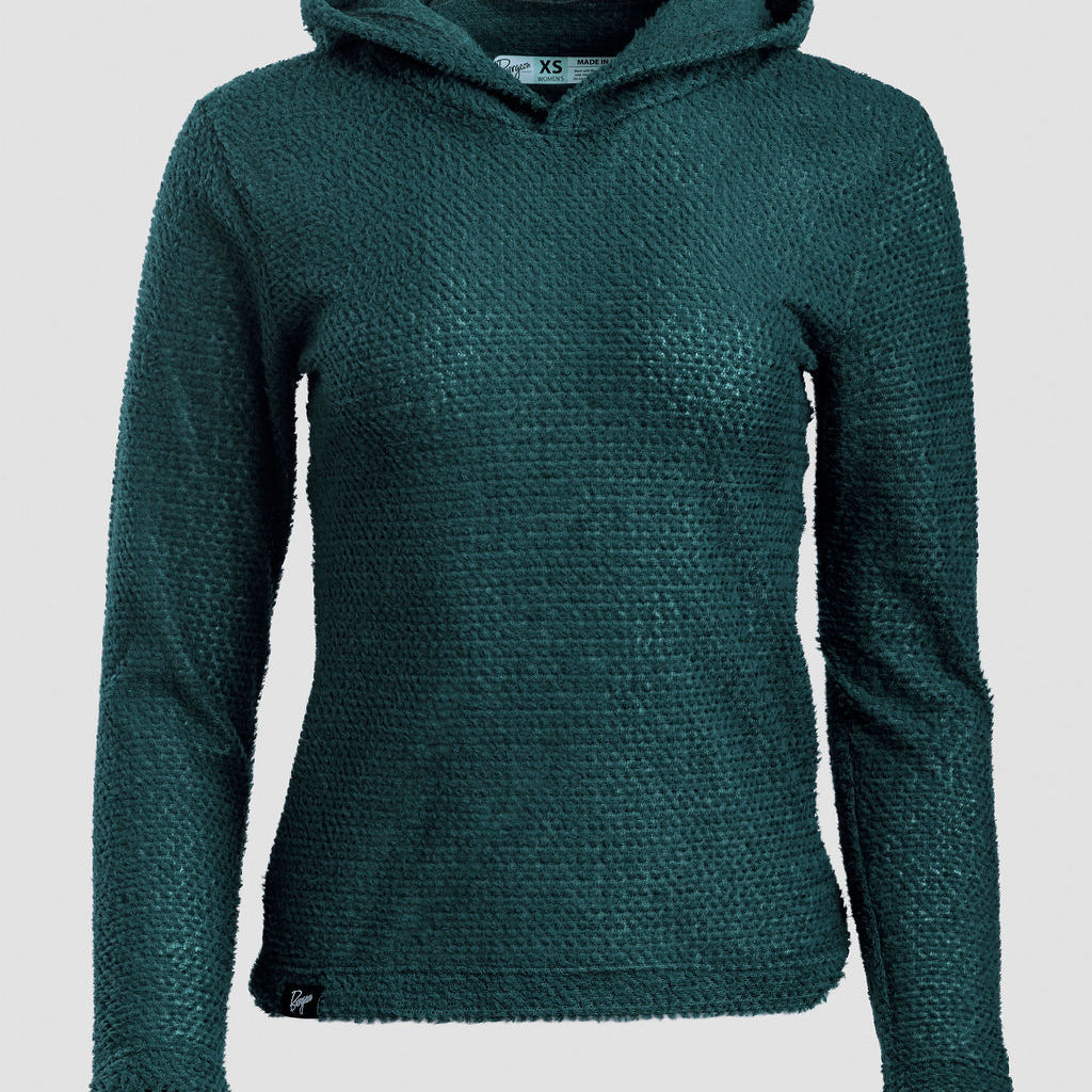 A dark teal Alpha 90 hoodie on a ghost mannequin against a light gray background.