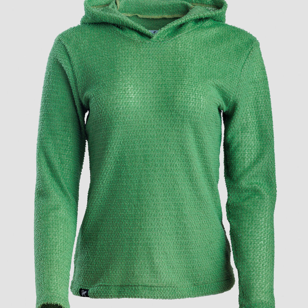 A bright green Alpha 90 hoodie, shown against a light gray background.