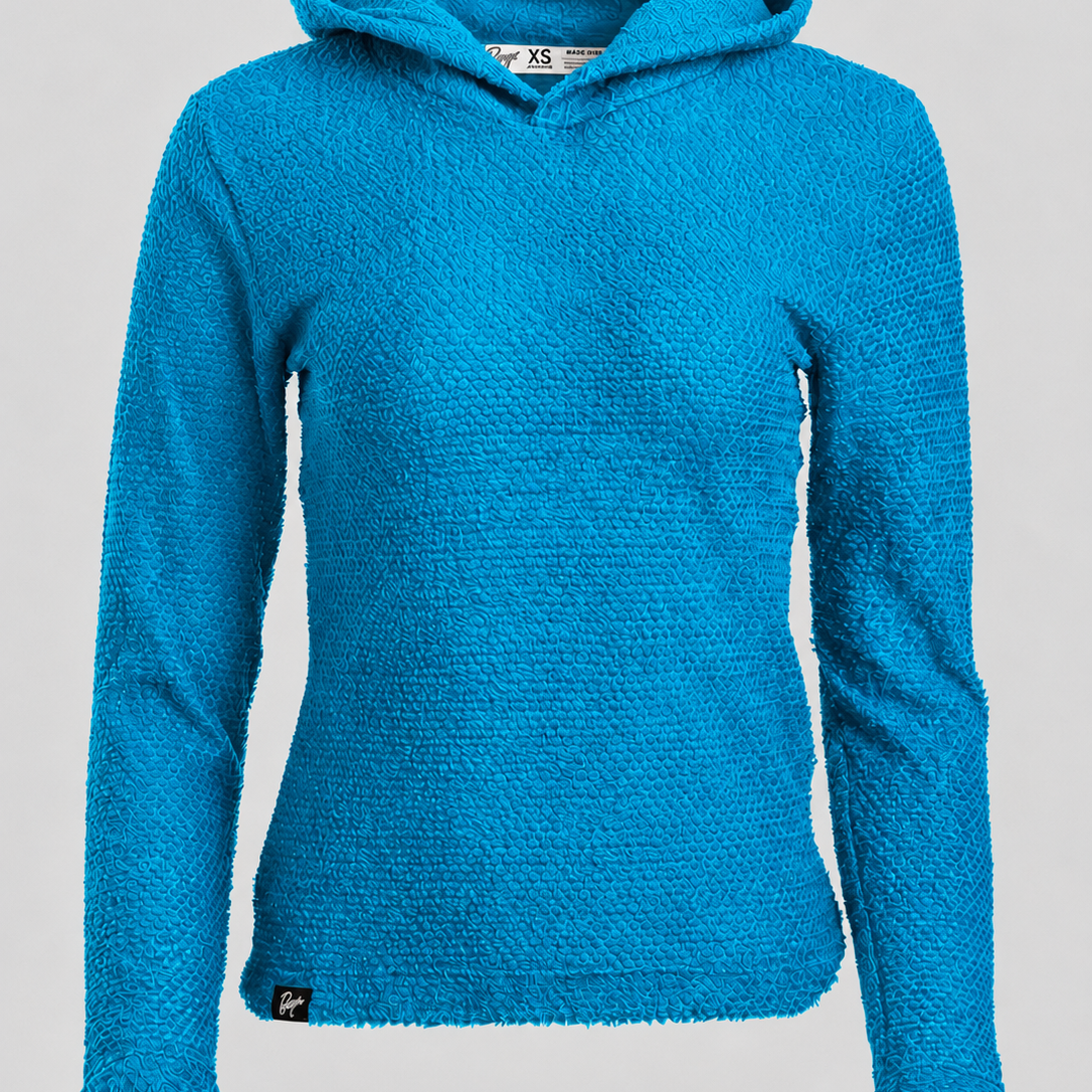 A bright turquoise blue Alpha Direct 90 Hoodie shown against a neutral light gray background.