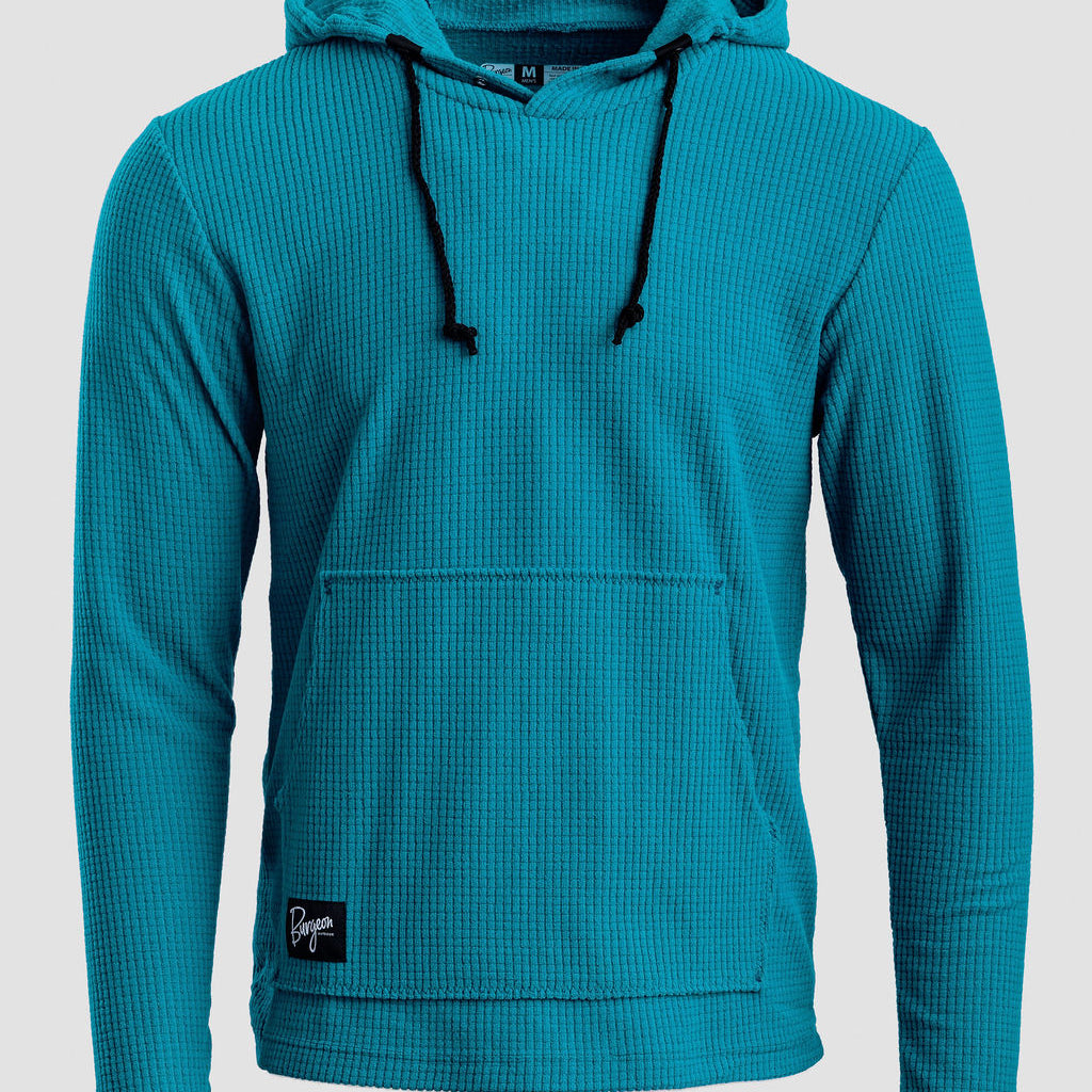 A teal Highlander hoodie with black drawstrings and a front kangaroo pocket, shown against a light gray background.