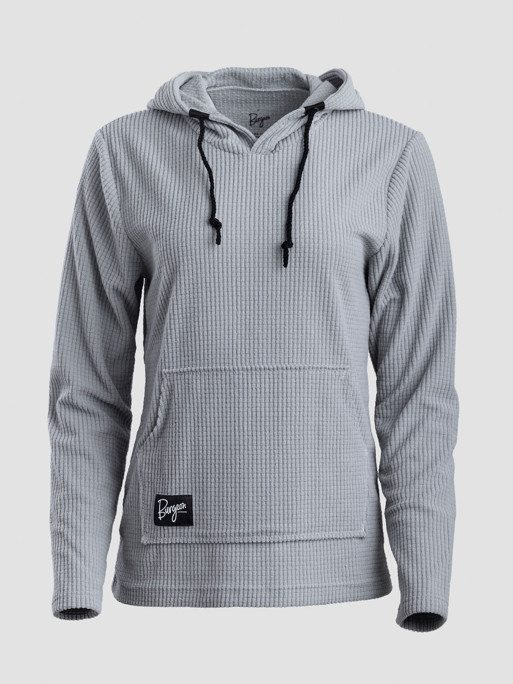 A light gray Highlander Hoodie with black drawstrings and a small black brand patch on the front pocket, shown against a light gray background.