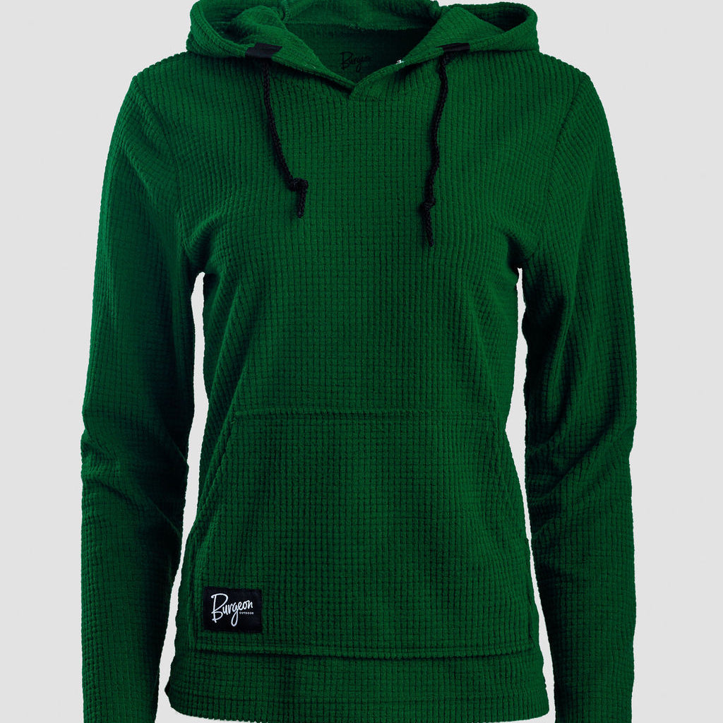 A dark green Highlander Hoodie with black drawstrings and a small white embroidered logo on the lower left front, displayed on a neutral light gray background.