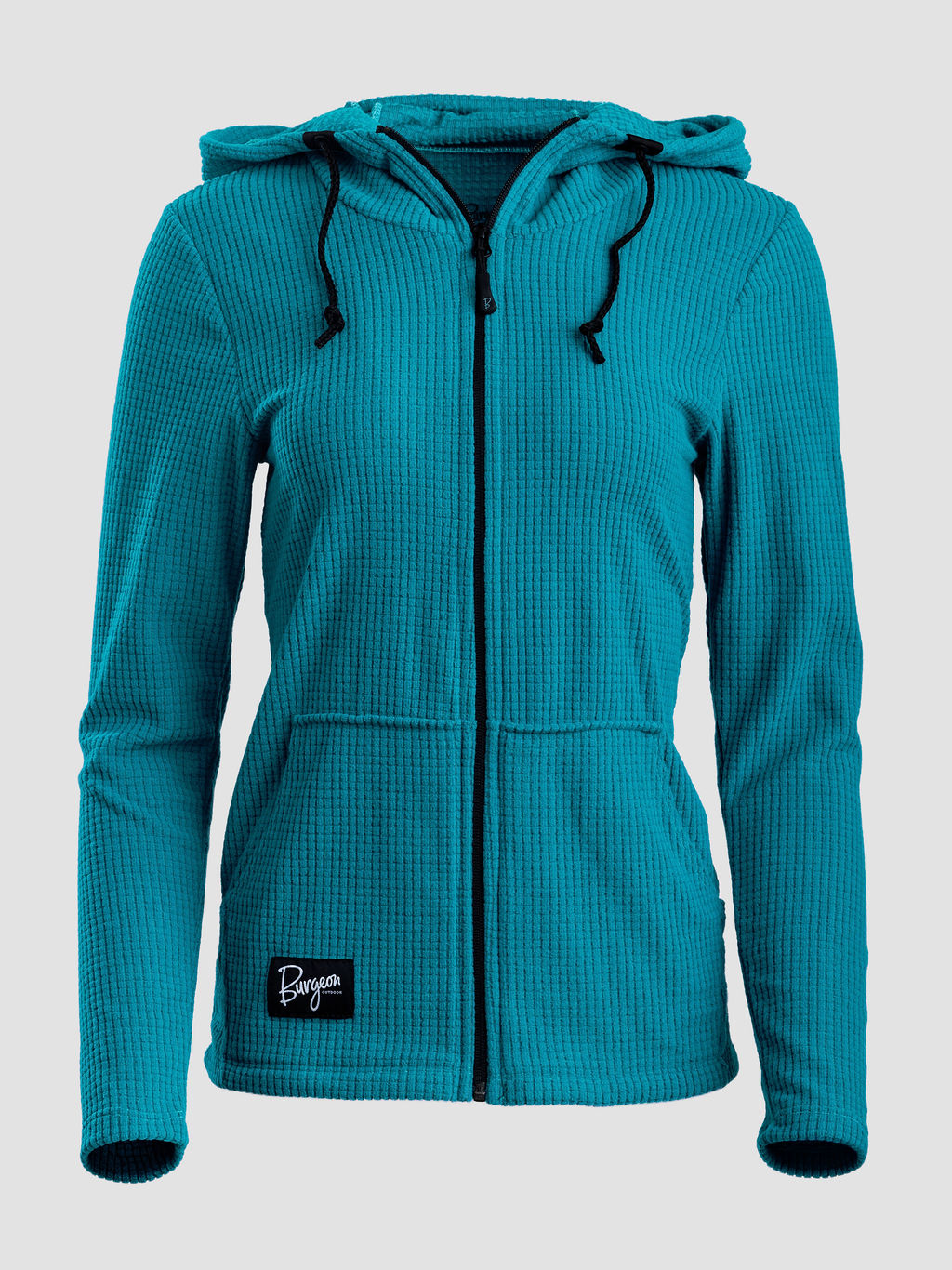 A teal waffle-knit zip-up hoodie with a drawstring hood and front pockets, featuring a small black 'Burgeon' brand patch near the bottom left hem, shown against a light gray background.