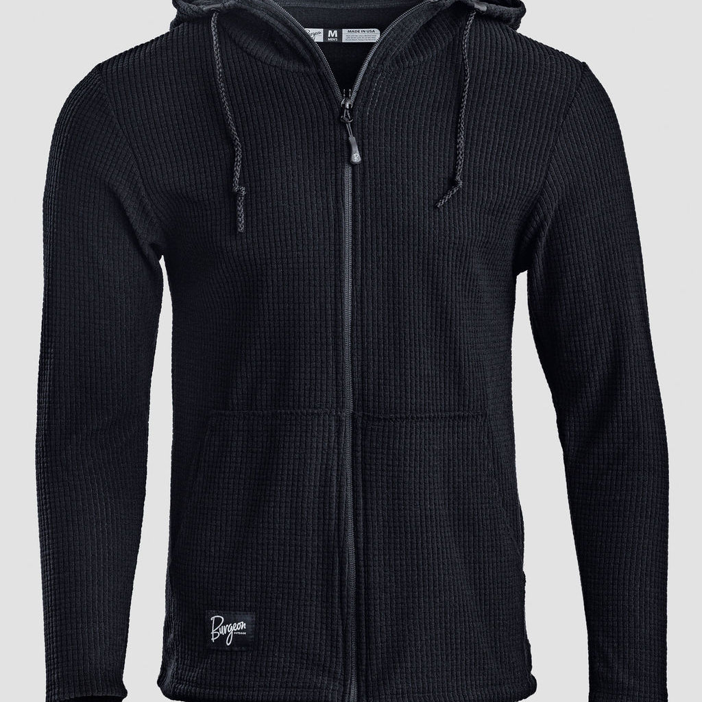 A dark navy blue ribbed zip-up hoodie with a drawstring hood and front pockets, shown against a light gray background.