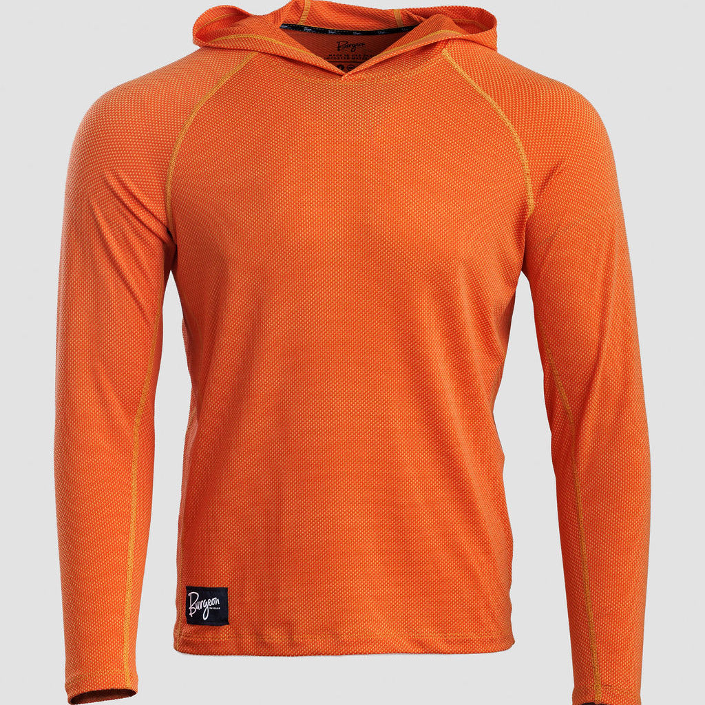 An orange long-sleeve Sunseeker Hoodie shown on a neutral light gray background.