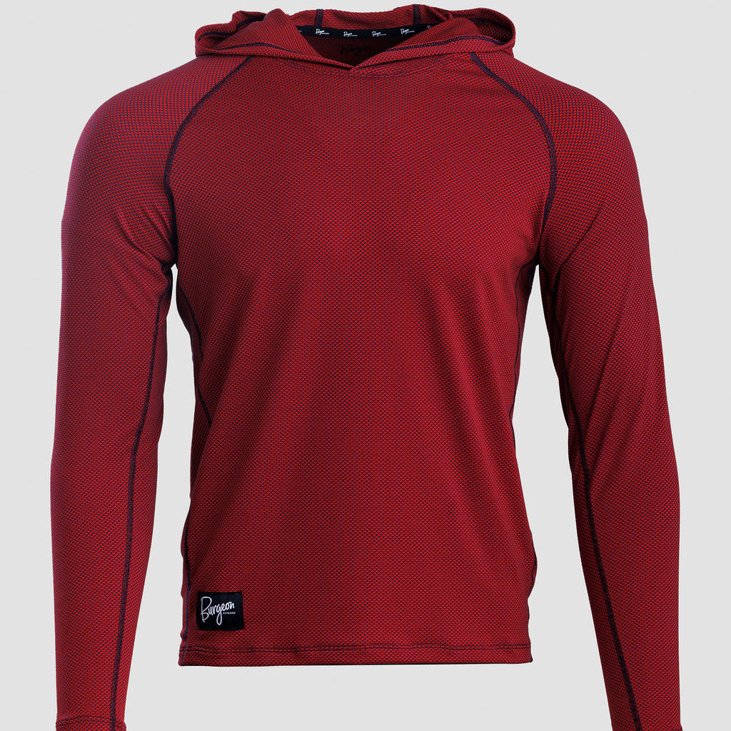 A long-sleeve Sunseeker Hoodie in deep red with dark navy contrast stitching shown against a light gray background.