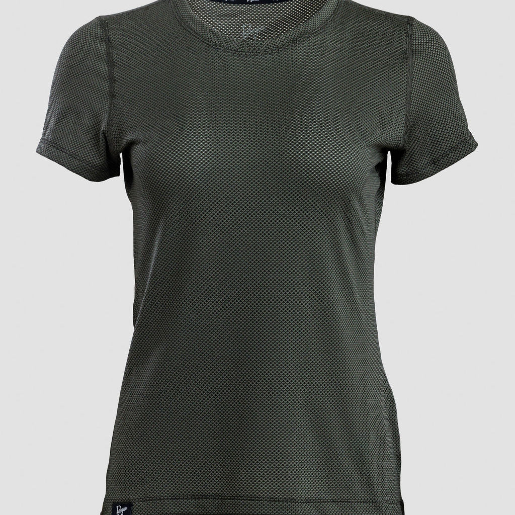 A women's short-sleeve athletic t-shirt in dark olive green, featuring a textured mesh-like fabric and a crew neck, shown against a light gray background.