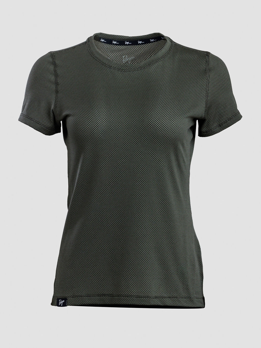 A women's short-sleeve athletic t-shirt in dark olive green, featuring a textured mesh-like fabric and a crew neck, shown against a light gray background.
