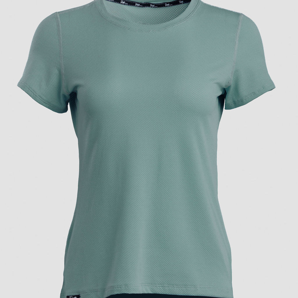 A women's short-sleeve crewneck t-shirt in a muted sage green color, shown against a plain light gray background.