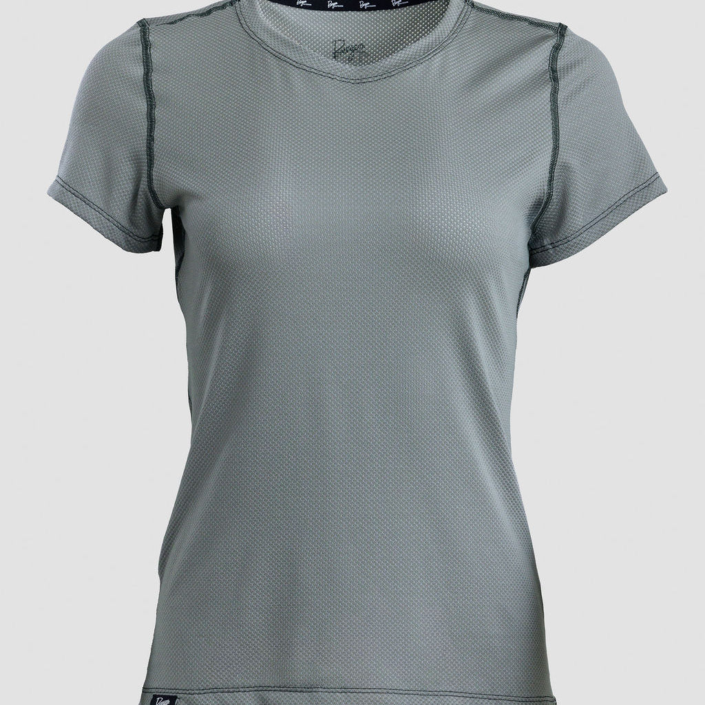 A women's short-sleeve athletic t-shirt in a solid medium gray color, featuring a crew neck and subtle dark gray contrast stitching details, shown against a light gray background.