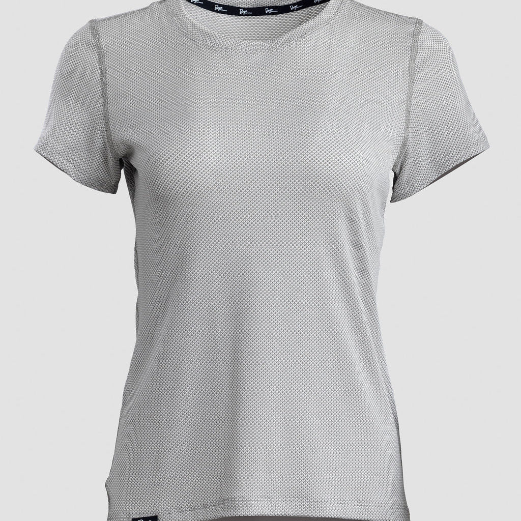 A light gray short-sleeve athletic mesh t-shirt with a crew neck, shown on a neutral light gray background.