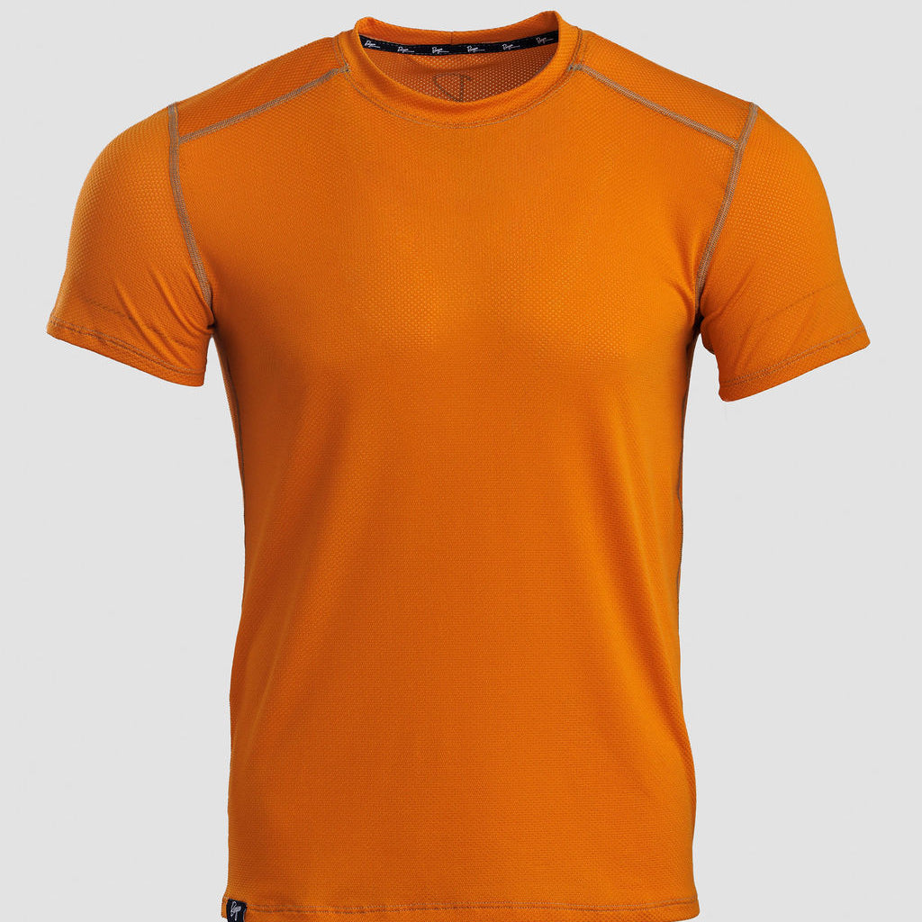 A bright orange short-sleeve athletic t-shirt with subtle gray contrast stitching on the shoulders, displayed on a neutral light gray background.