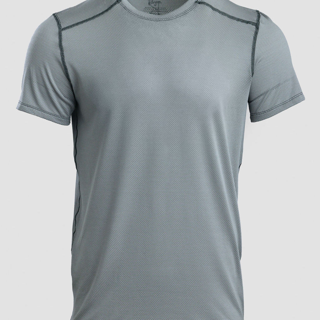 A light gray short-sleeve athletic t-shirt with dark gray contrast stitching along the shoulders and collar, displayed on a neutral light gray background.