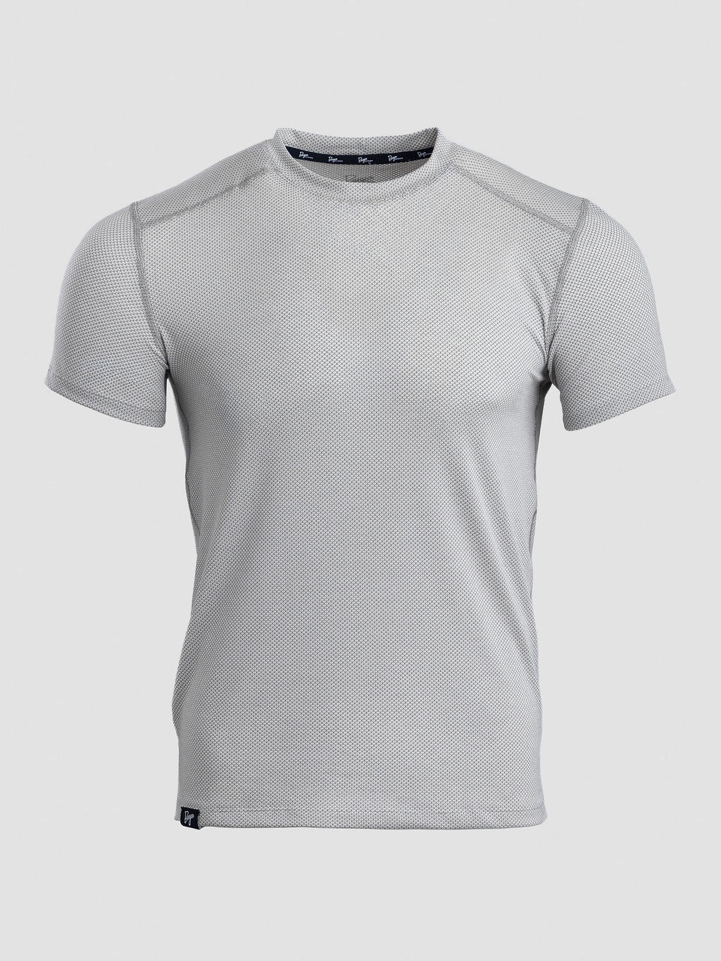 A light gray short-sleeve athletic t-shirt with a textured, breathable mesh-like fabric, displayed on a neutral light gray background.