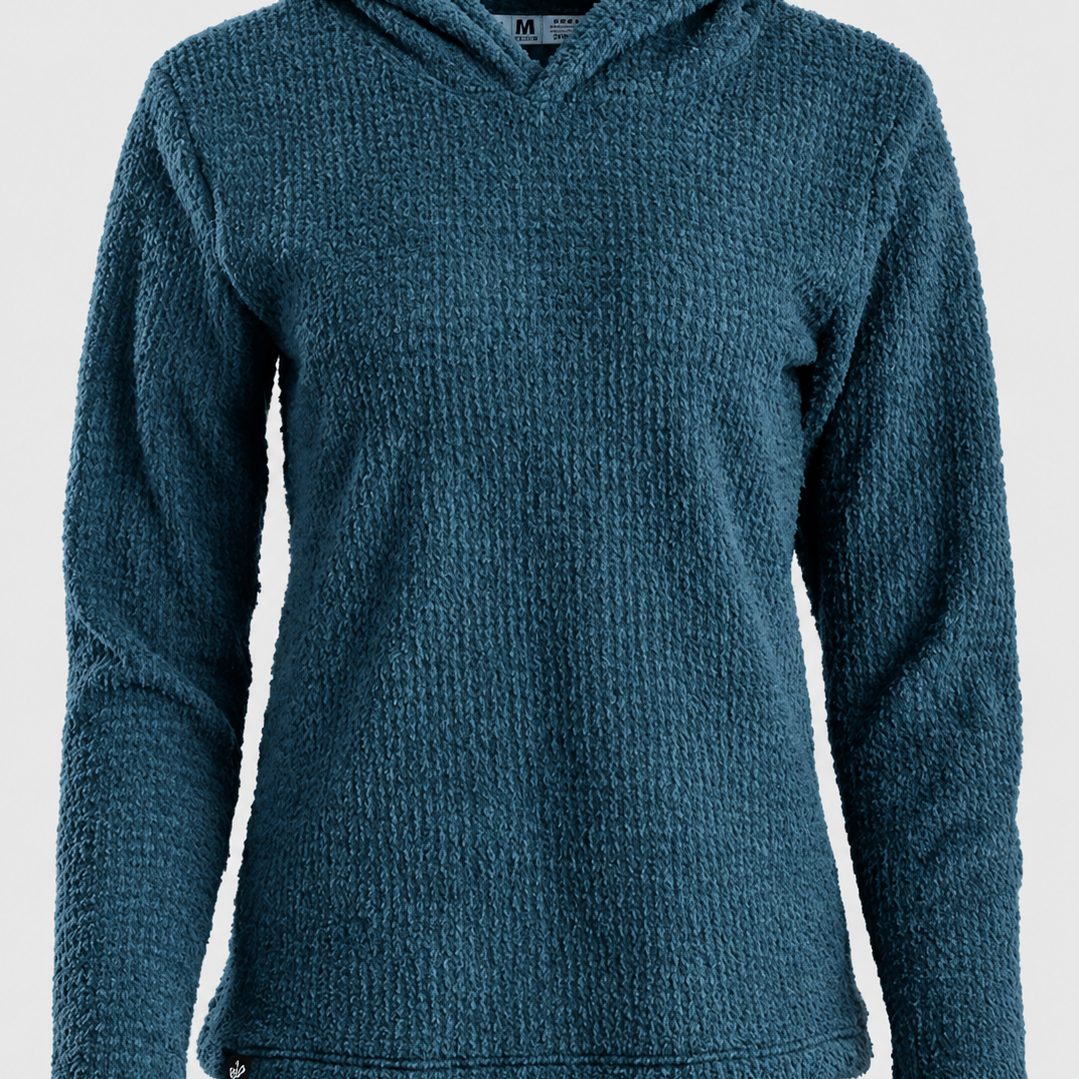 A women's textured waffle-knit hooded sweater in a deep teal blue, shown against a light gray background.