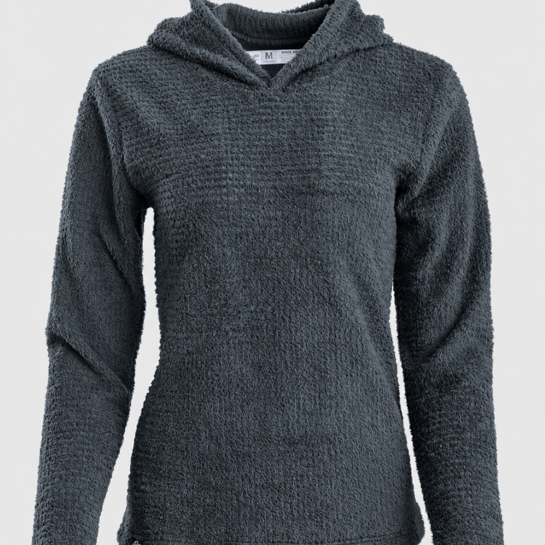 A dark gray textured hooded sweater with long sleeves, shown against a light gray background.