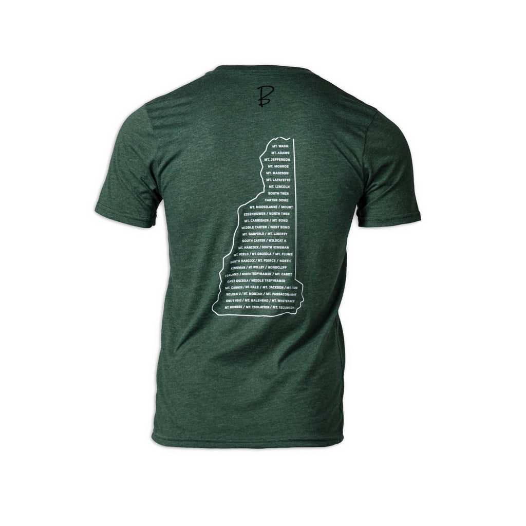 Pine Green short sleeve t-shirt with the New Hampshire state outlined in white with the state's 48 4,000+ foot mountains listed in the state outline.