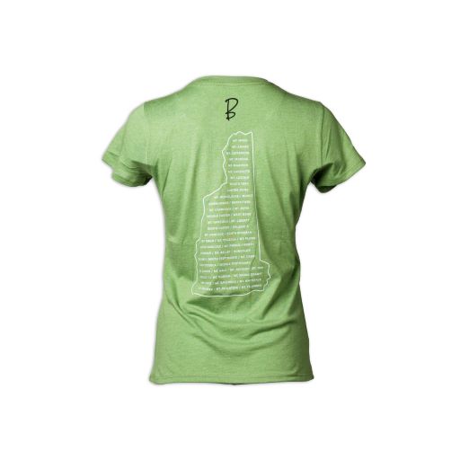 Sprout Women's short sleeve t-shirt with the New Hampshire state outlined in white with the state's 48 4,000+ foot mountains listed in the state outline.