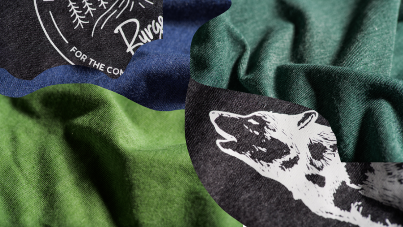 A collage of close-ups of Burgeon's graphic t-shirts.