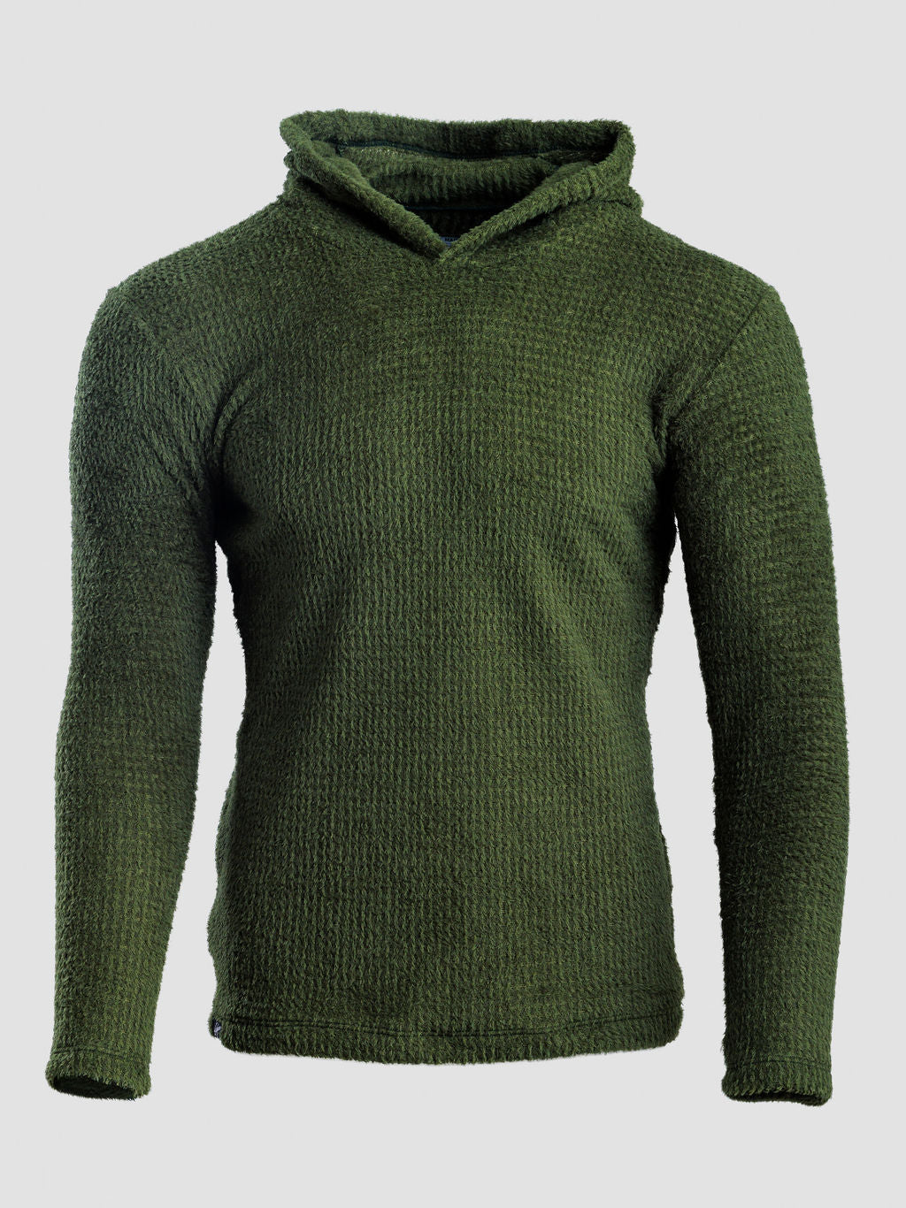 An olive green Alpha 120 hoodie, displayed on a neutral light gray background.