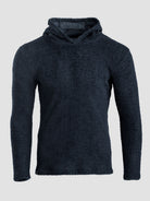 A dark navy blue Alpha 120 hoodie with a waffle or open-knit pattern, shown against a plain light gray background.