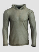 An olive green Alpha 60 hoodie, shown on a neutral light gray background.