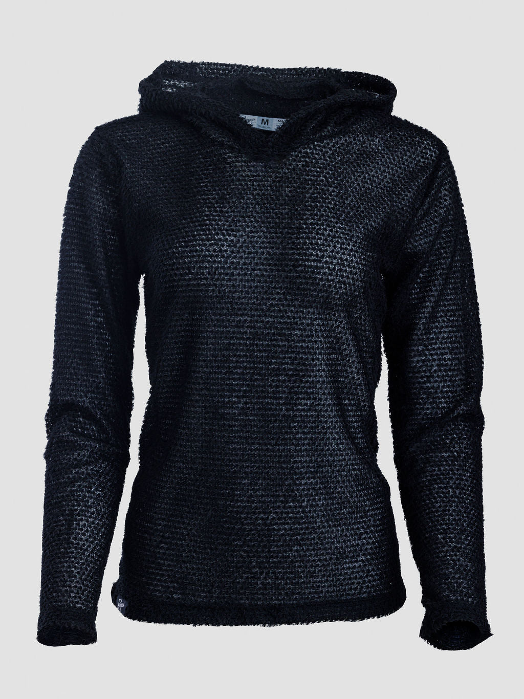 A black Alpha fleece hoodie with long sleeves, shown against a plain light gray background.