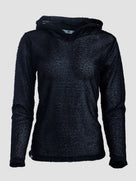 A black Alpha fleece hoodie with long sleeves, shown against a plain light gray background.