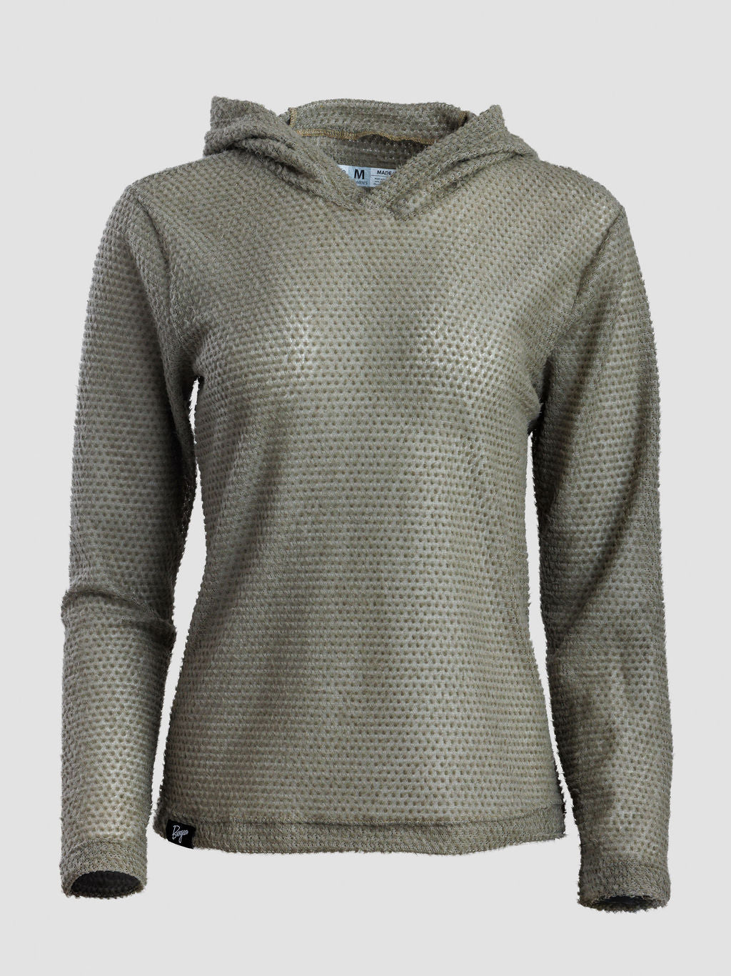 A women's long-sleeve hooded top in a textured, Alpha fleece fabric, shown in a muted olive green color on a light gray background.