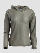 A women's long-sleeve hooded top in a textured, Alpha fleece fabric, shown in a muted olive green color on a light gray background.