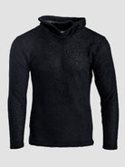 A black textured Alpha 90 hoodie, shown on a light gray background.