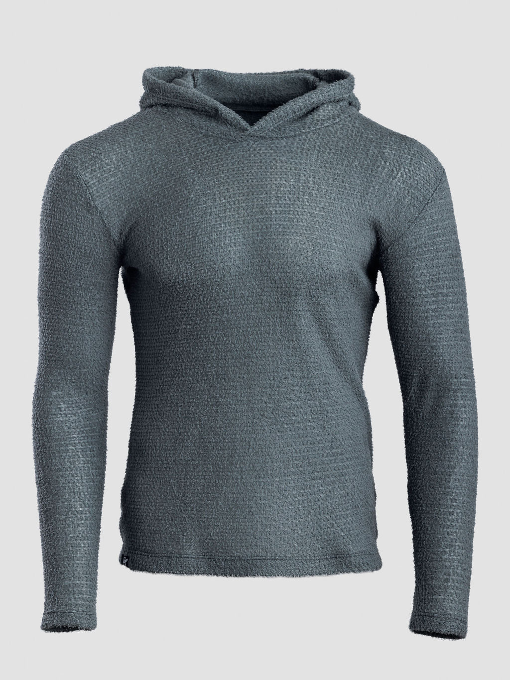 A textured,Alpha 90 hoodie in a dark slate gray color, displayed on a neutral light gray background.