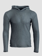 A textured,Alpha 90 hoodie in a dark slate gray color, displayed on a neutral light gray background.