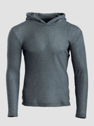 A textured,Alpha 90 hoodie in a dark slate gray color, displayed on a neutral light gray background.