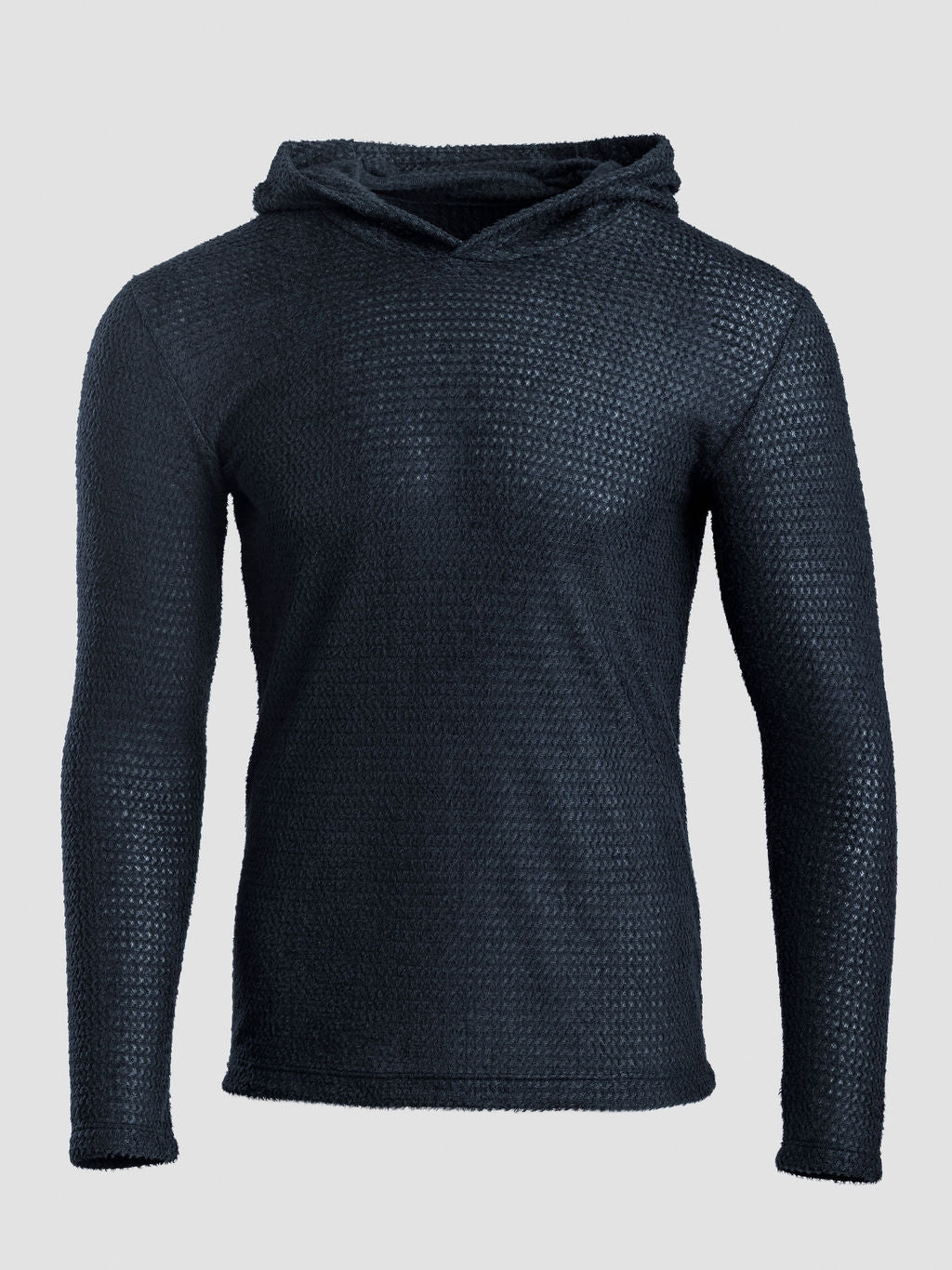 A dark navy blue Alpha 90 hoodie with a waffle or honeycomb pattern, displayed on a neutral light gray background.
